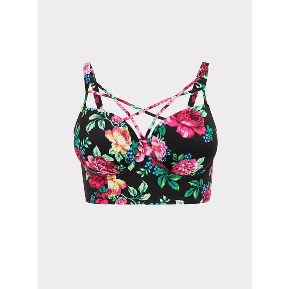 Torrid Underwire Strappy Front Black and Pink Floral Bikini Top Size 3X-DD/F - Picture 1 of 6